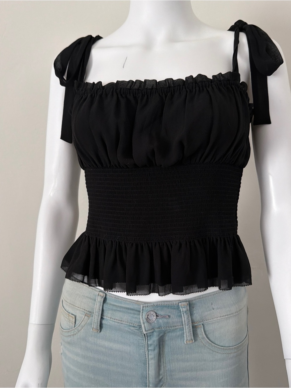 Aritzia Black Smocked Peplum Tie-Shoulder Tank
